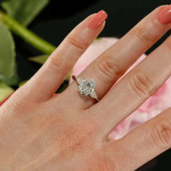 2.00 Ct Oval Cut Diamond with Pear Three Stone Ring Silver VVS1/D Moissanite - Picture 6 of 8